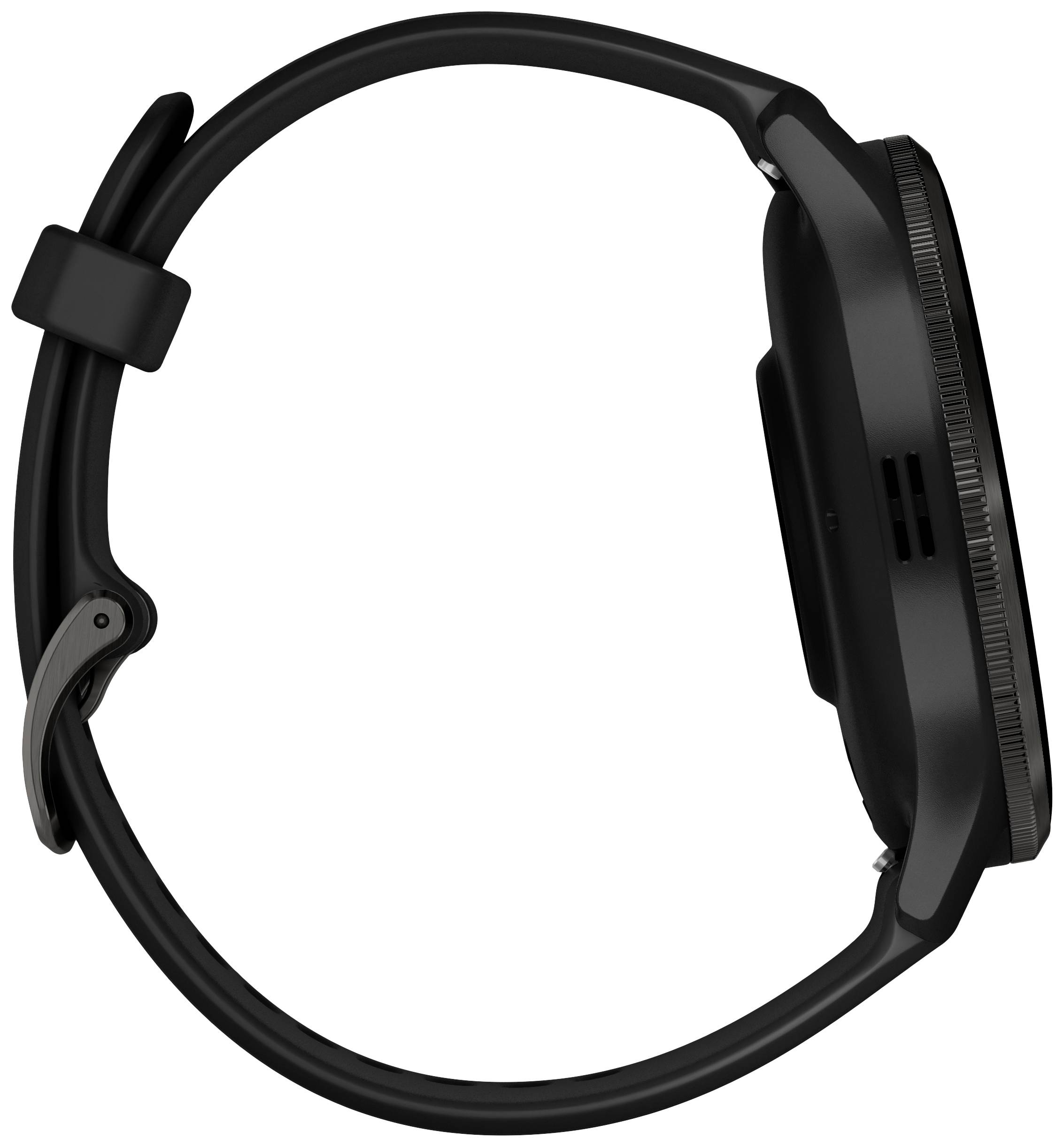 Schwarze Smartwatch in Seitenansicht, zeigt das Design des Gehäuses und Armbands, ohne sichtbares Display.