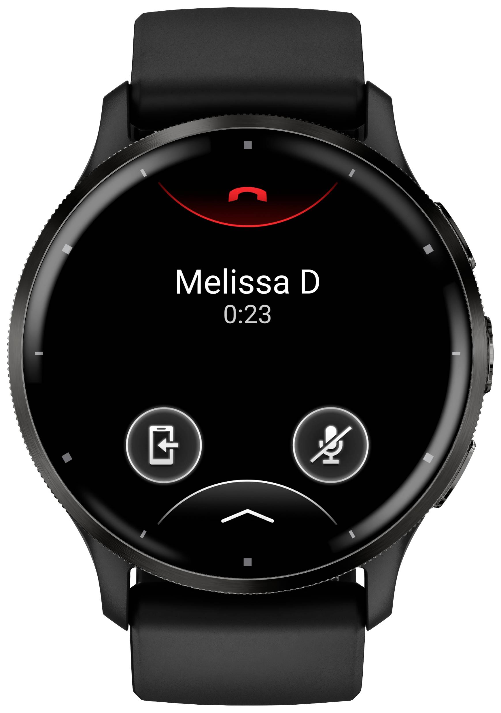 Smartwatch-Display mit aktivem Anruf. Der Name 'Melissa D' und die Dauer '0:23' sind sichtbar, mit Optionen zum Auflegen und Stummschalten.