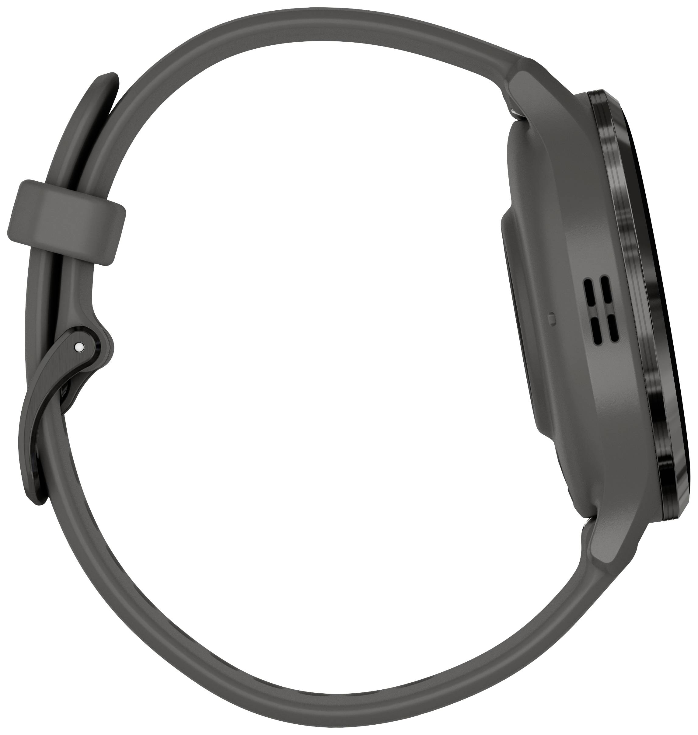 Seitenansicht einer grauen Armbanduhr mit rundem Gehäuse und Silikonarmband. Keine sichtbaren Details auf dem Zifferblatt.