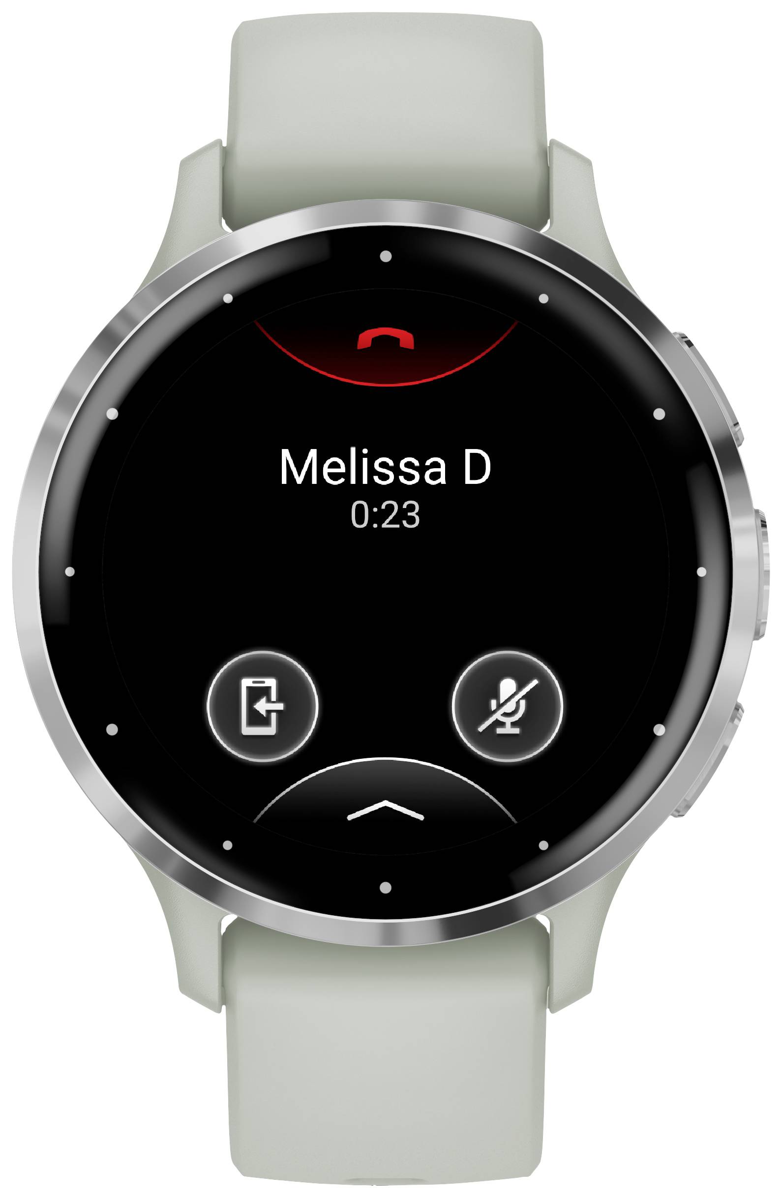Smartwatch mit Anrufbildschirm. 'Melissa D' wird als Anrufer angezeigt, Dauer: 23 Sekunden. Symbole für Auflegen, Stummschalten und Anruf halten.
