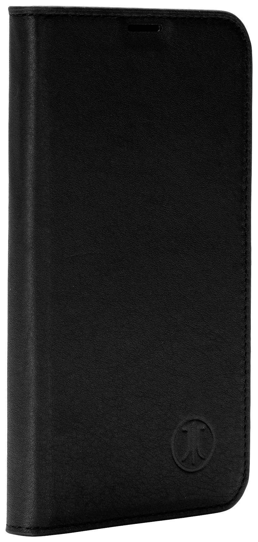 Schwarze Handyhülle im Buchstil, stehend in vertikaler Position. Sie hat ein schlichtes Design mit einem kleinen Emblem unten.