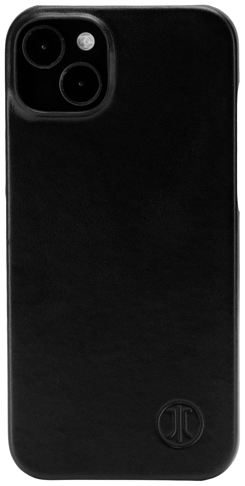 Eine schwarze Smartphone-Hülle mit einem dezenten Logo unten rechts. Die Hülle hat Aussparungen für zwei Kameraobjektive und einen Blitz.