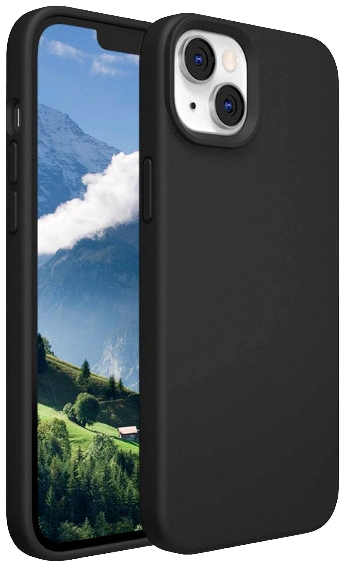 Ein Smartphone mit schwarzer Schutzhülle zeigt einen Berglandschaftshintergrund auf dem Bildschirm.