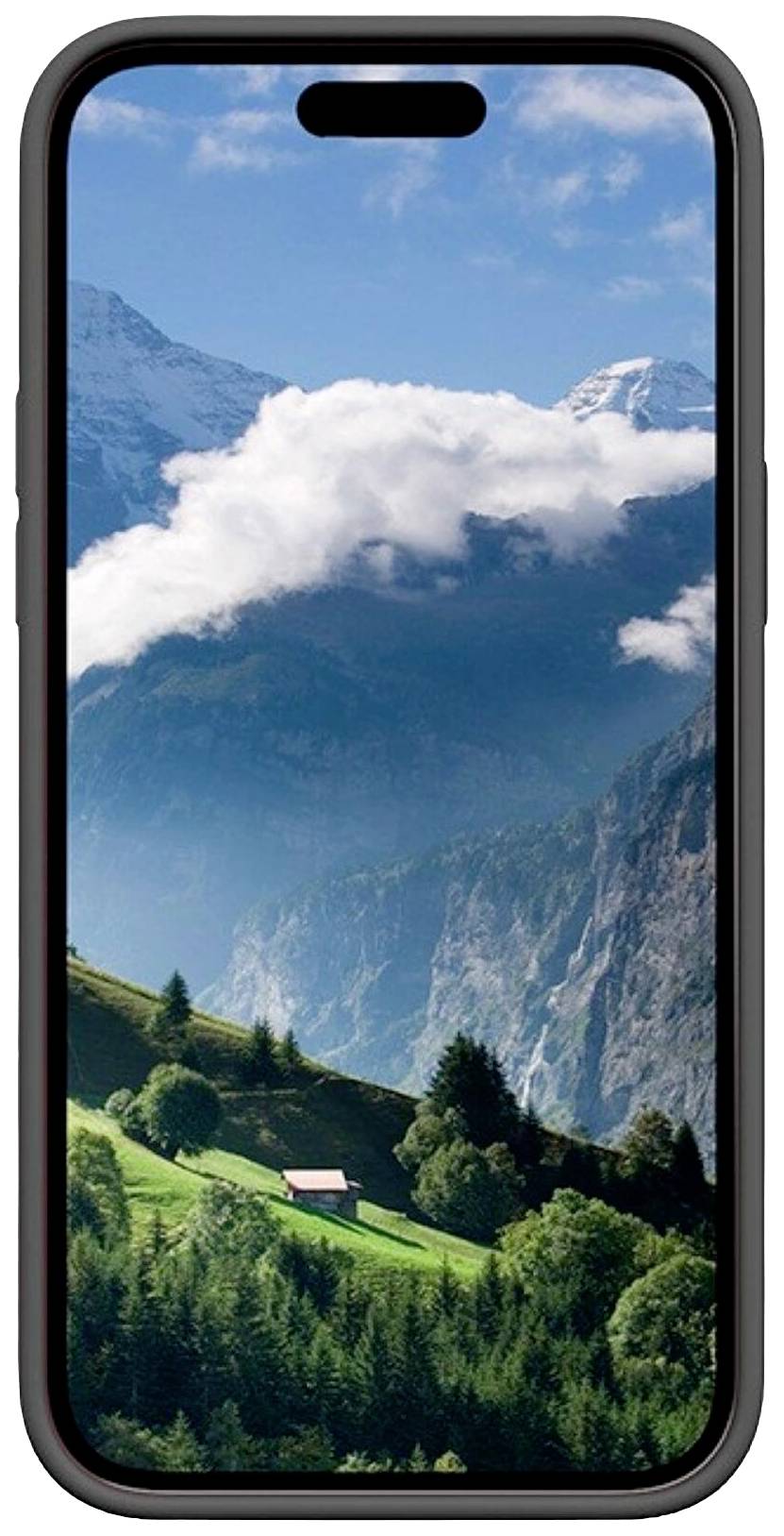 Ein Smartphone zeigt eine alpine Landschaft: grüne Hügel, Nadelbäume und schneebedeckte Berge unter blauem Himmel mit Wolken.