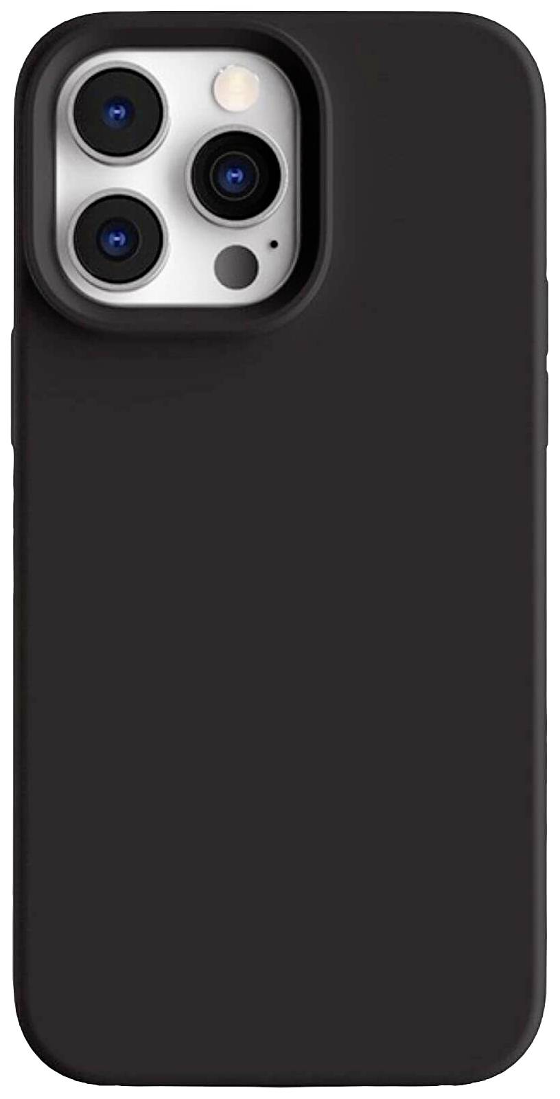 Schwarzes Smartphone mit drei Kameralinsen auf der Rückseite. Oberer Teil des Geräts sichtbar, schlichtes Design.