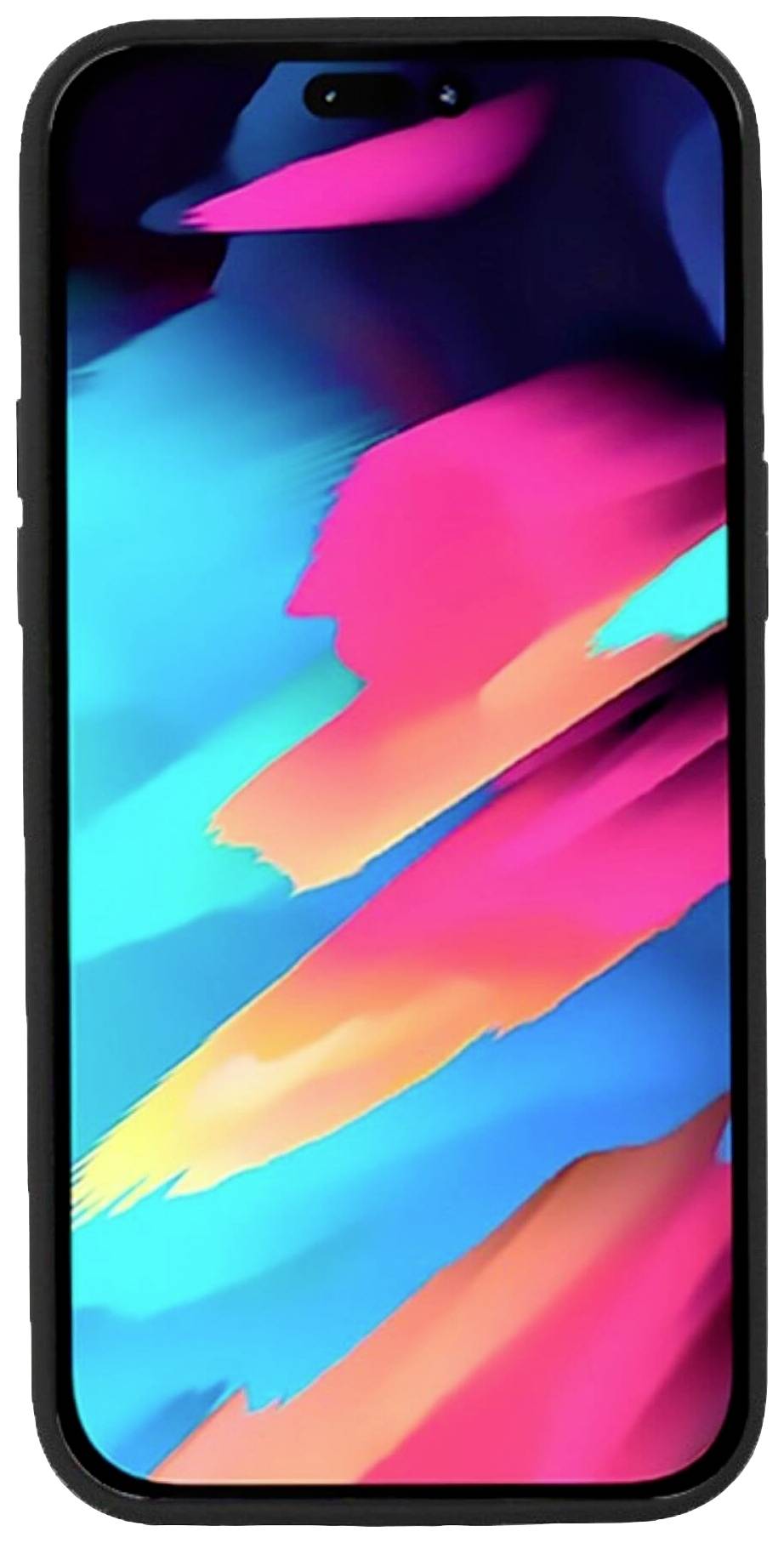 Smartphone mit abstraktem, farbigem Hintergrundbild in Blau- und Rosatönen.