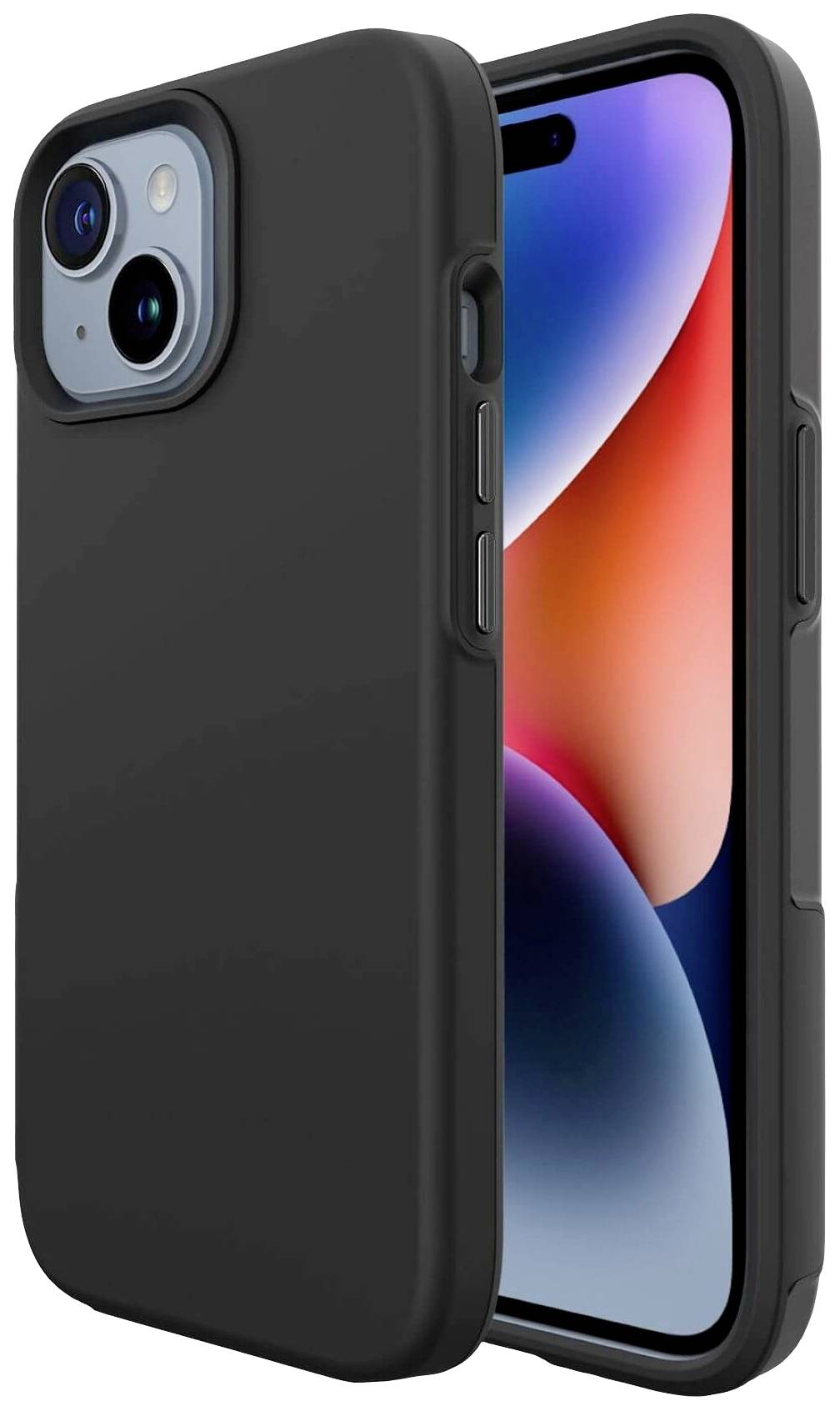 Schwarze Handyhülle auf einem Smartphone, die Rückseite und Kanten schützt. Das Display zeigt bunte, unscharfe Hintergrundfarben.