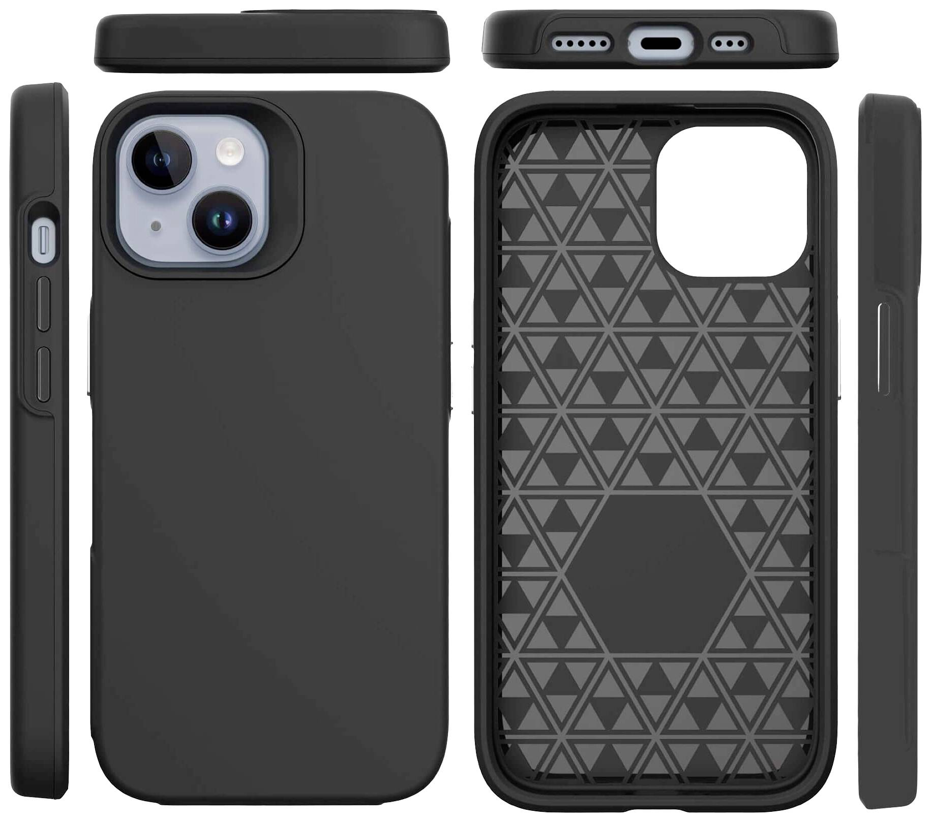 Verschiedene Ansichten einer schwarzen Handyhülle mit geometrischem Muster innen und Aussparungen für Kamera und Anschlüsse.