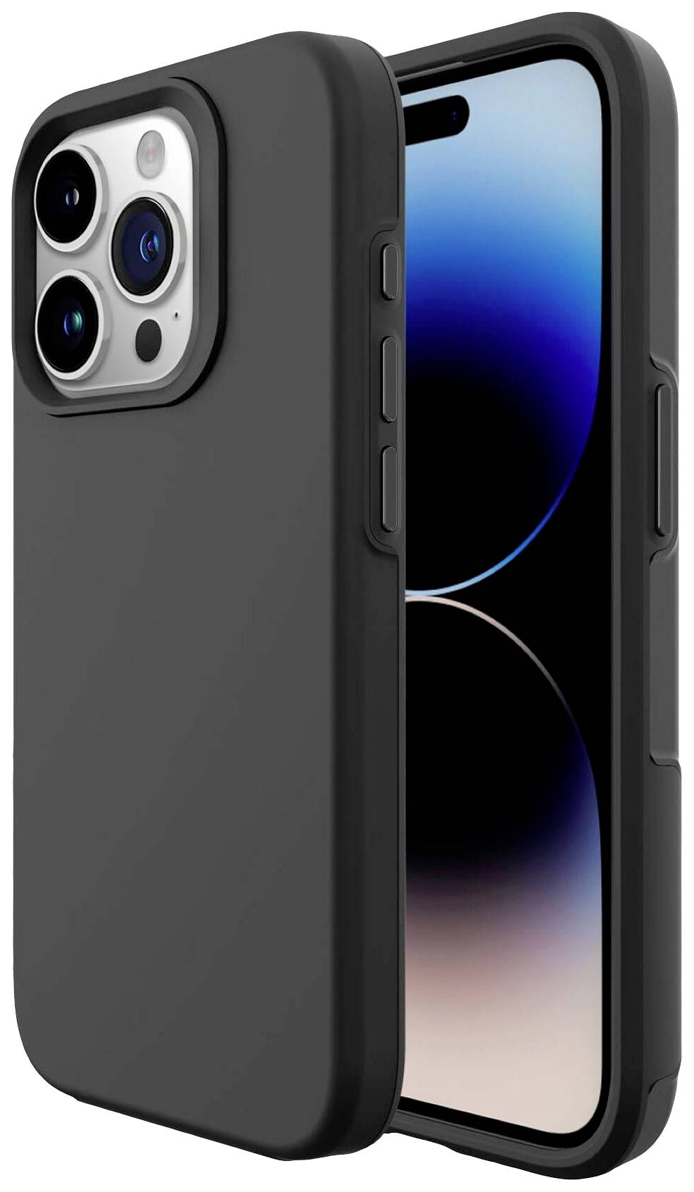 Smartphone mit schwarzer Schutzhülle, zeigt Display mit blau-schwarzem Abstufungsmuster.