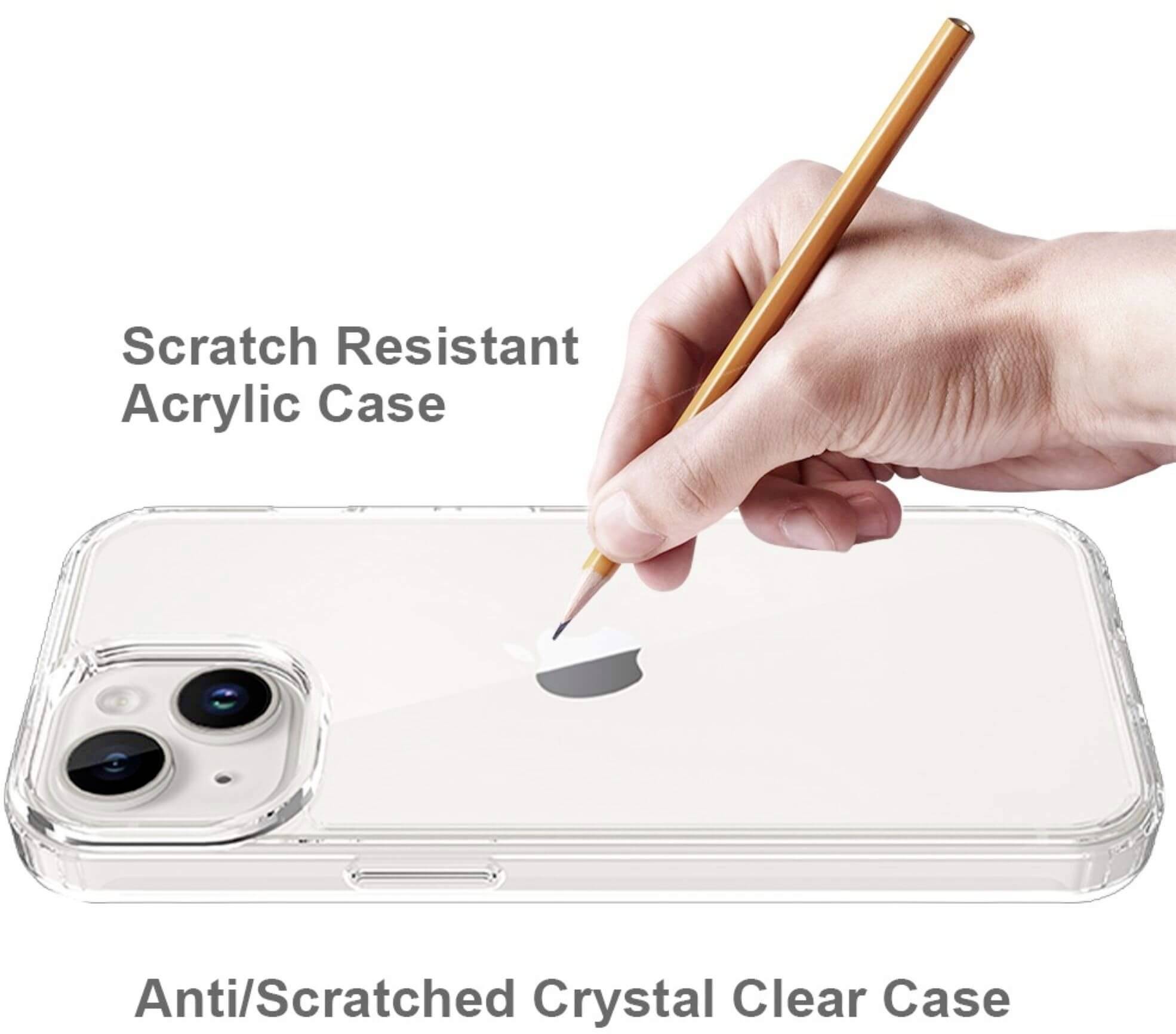 Eine klare, kratzfeste Handyschutzhülle wird mit einem Bleistift getestet. Text: 'Scratch Resistant Acrylic Case', 'Anti/Scratched Crystal Clear Case'.