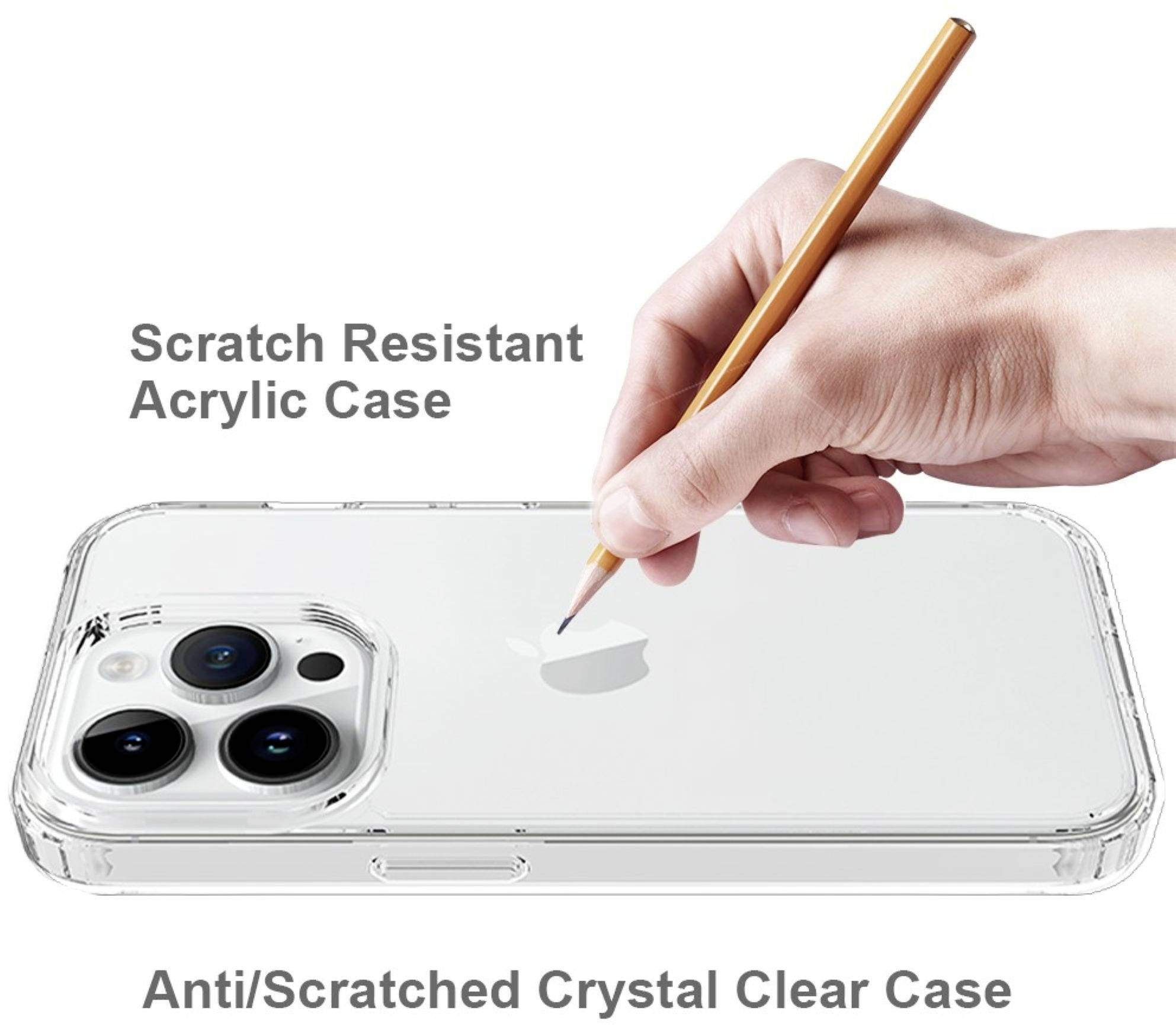 'Kratzfeste Acrylhülle', Handy mit durchsichtigem Schutz, das einer Bleistiftspitze standhält. Text: 'Anti/Scratched Crystal Clear Case'.