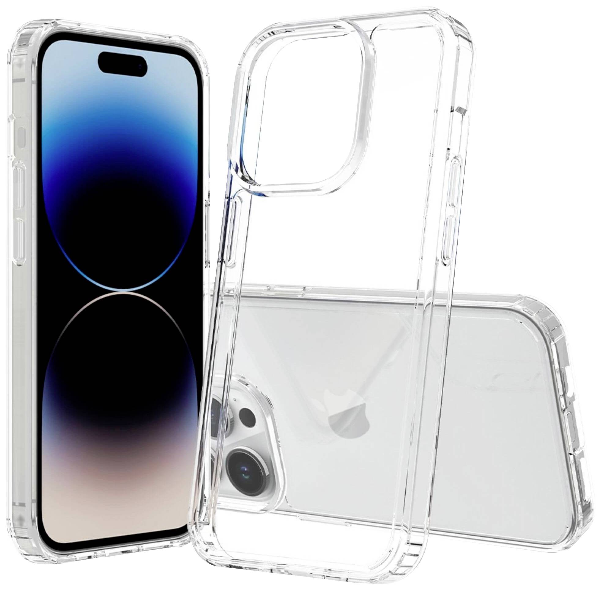 Durchsichtiges Handyhülle-Set für ein modernes Smartphone, zeigt Vorder- und Rückansicht. Schützt das Gerät und behält sein Design.