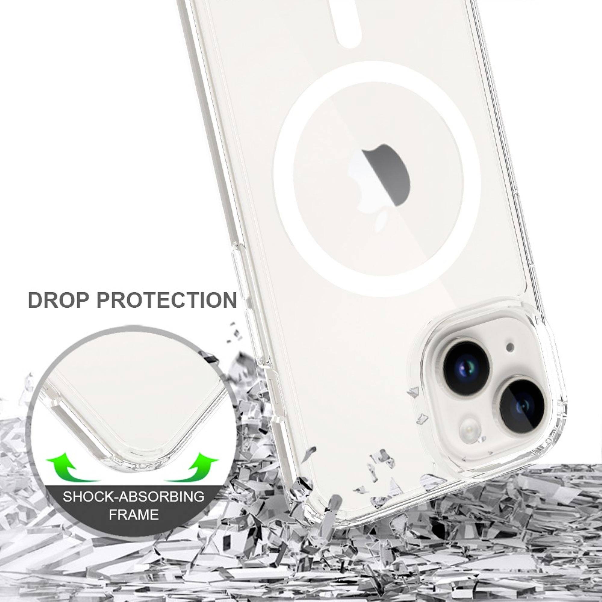 Transparente Handyhülle mit stoßabsorbierendem Rahmen und Fallschutz. Zeigt ein Handy, das auf silberne Partikel fällt.