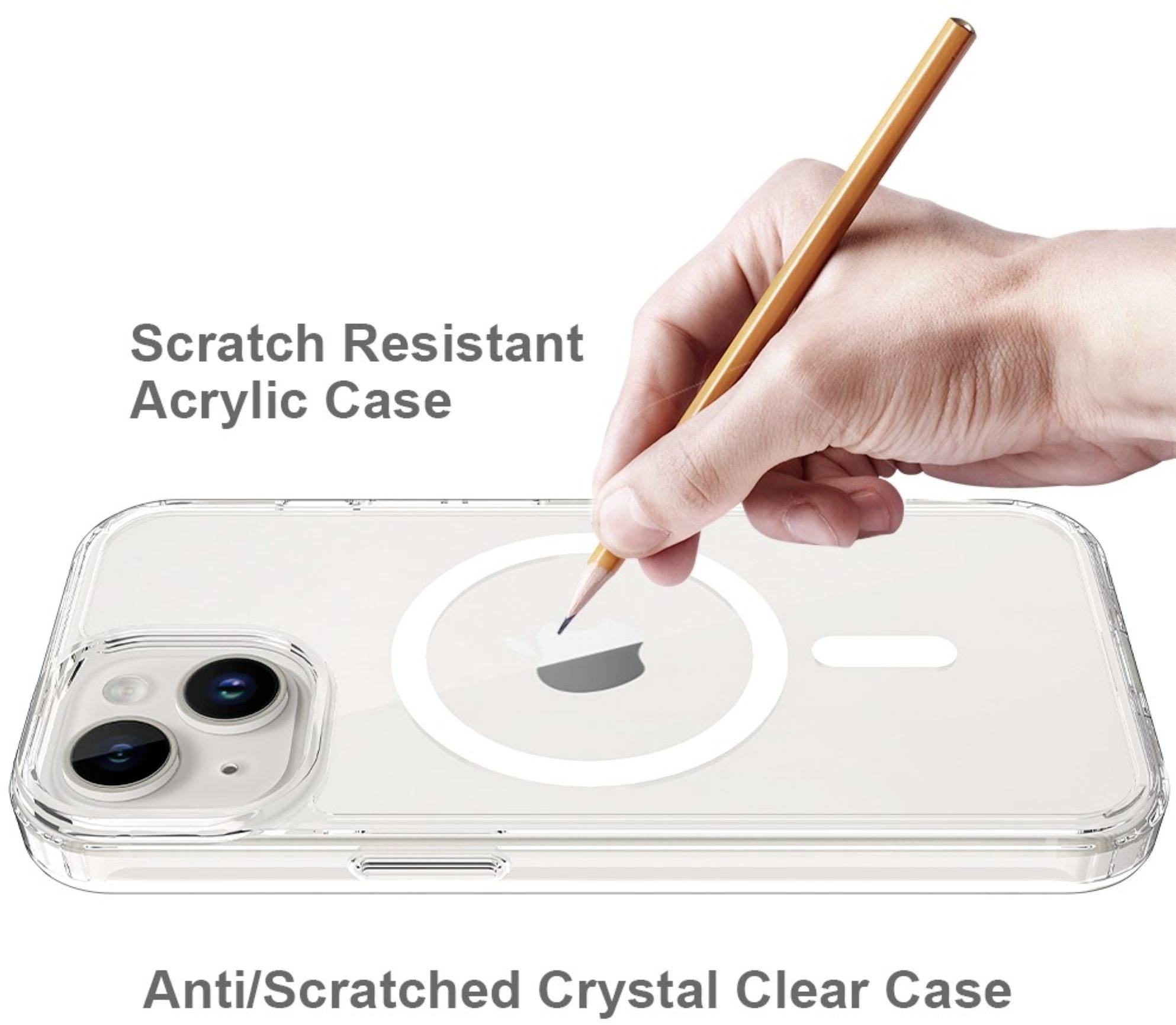 Eine Hand zeichnet mit einem Stift auf ein transparentes, kratzfestes Acryl-Handycase. Text: 'Scratch Resistant Acrylic Case', 'Anti/Scratched Crystal Clear Case'.
