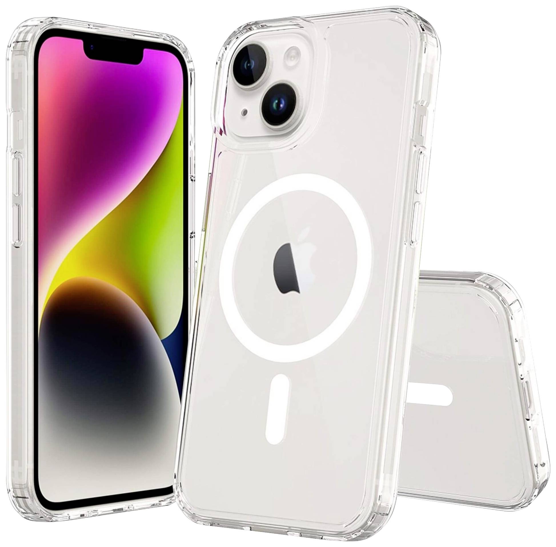 Zwei transparente Handyhüllen für ein Smartphone, links ist das Smartphone mit einer bunten Bildschirmgrafik, rechts eine seitlich stehende Hülle.