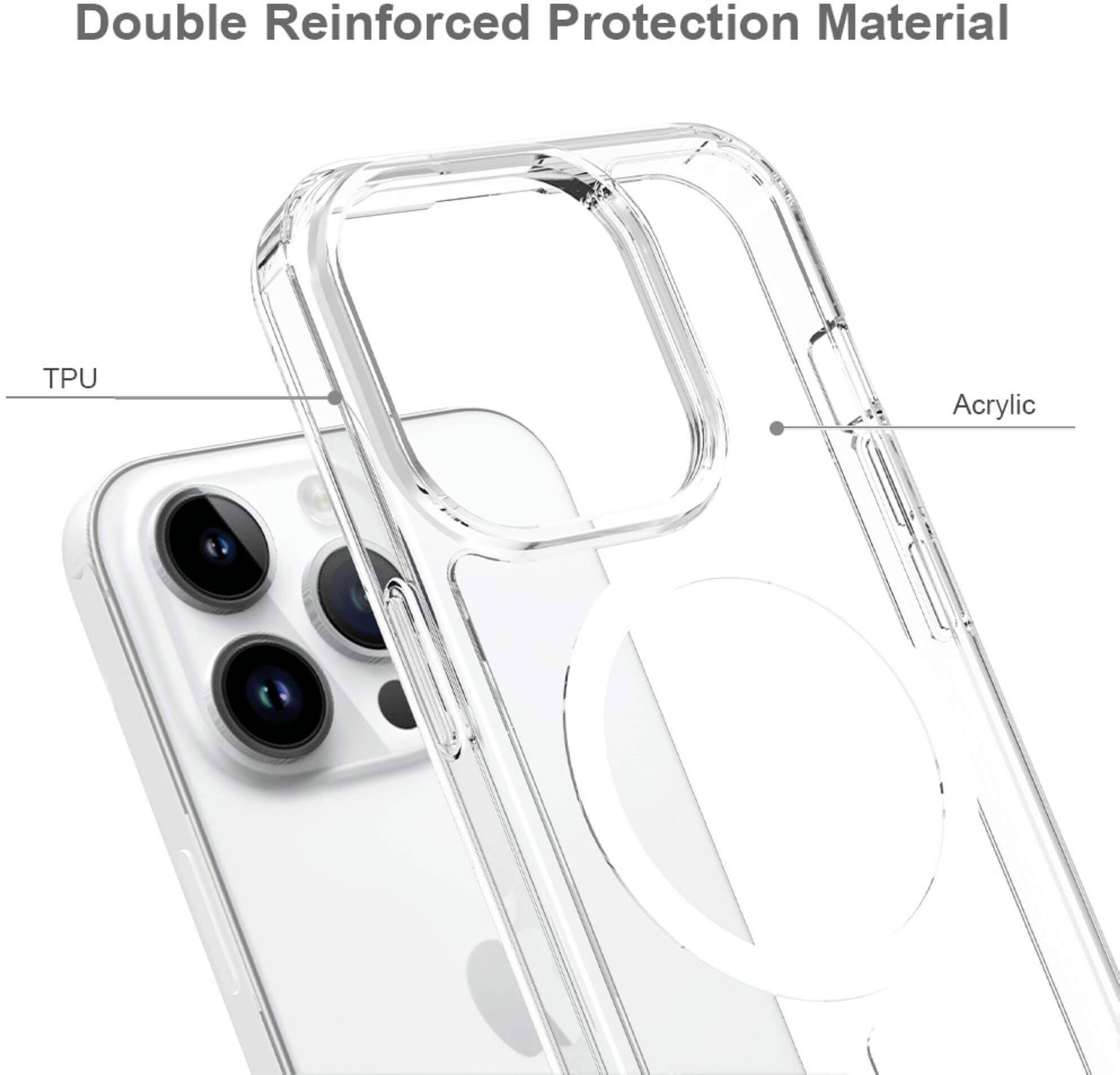 'Klarer Handyhülle' mit doppeltem Schutzmaterial, bestehend aus Acryl und TPU, kompatibel mit Smartphone, hervorgehobene Kamera.
