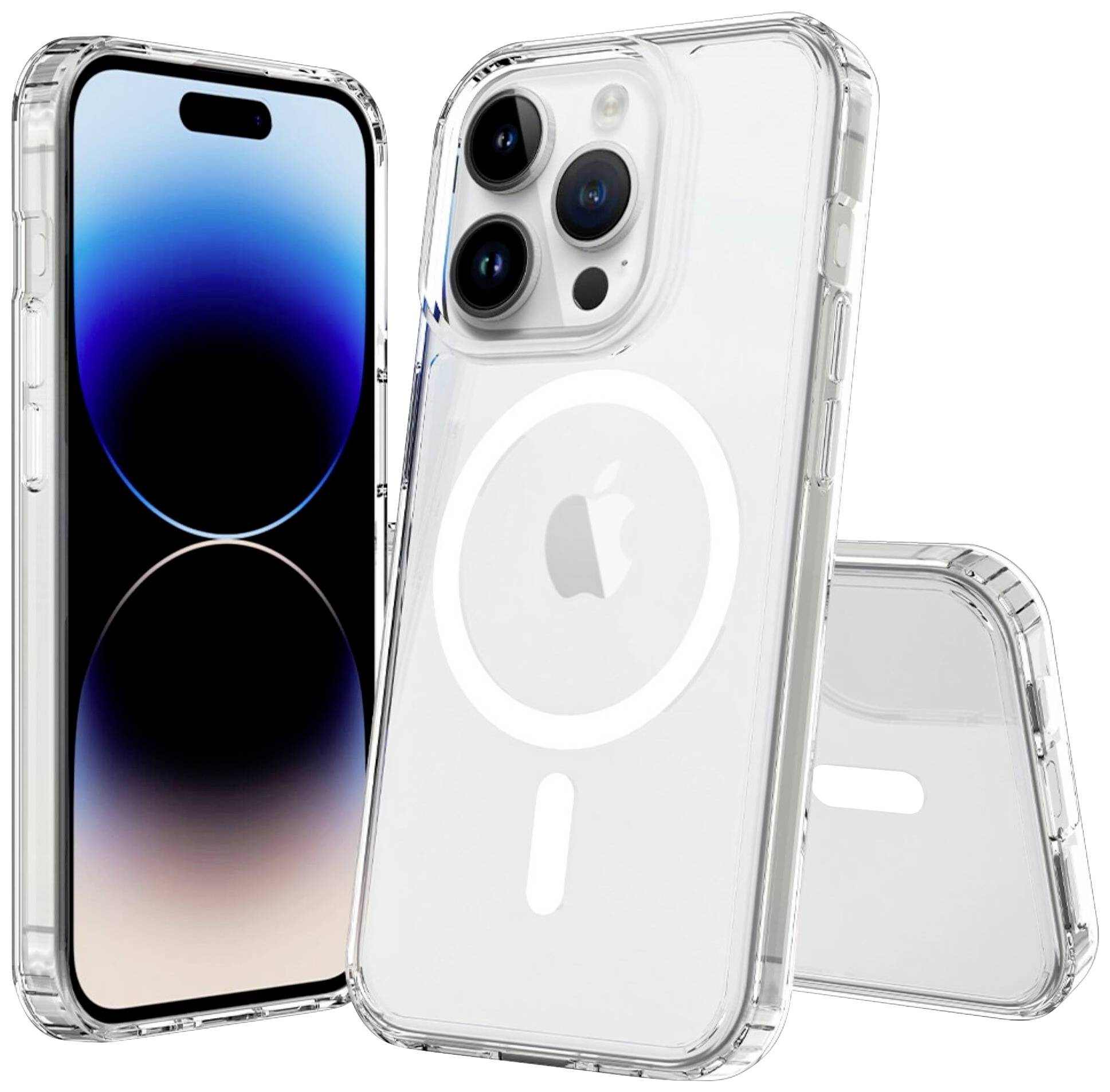 Smartphone mit durchsichtigem Case; Rückseite zeigt das Apple-Logo und MagSafe-Ring. Vorderansicht mit Display, Seitenansicht sichtbar.