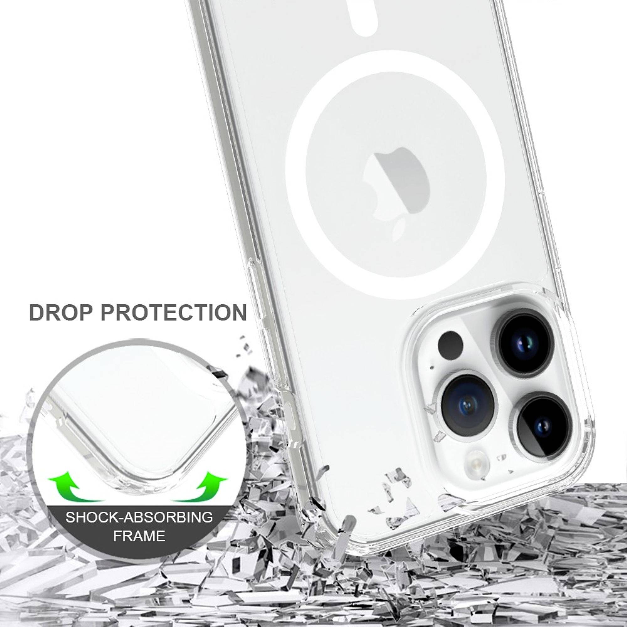 Klare Handyhülle mit stoßabsorbierendem Rahmen und Kameraschutz auf glänzender Oberfläche. Text: 'Drop Protection', 'Shock-Absorbing Frame'.