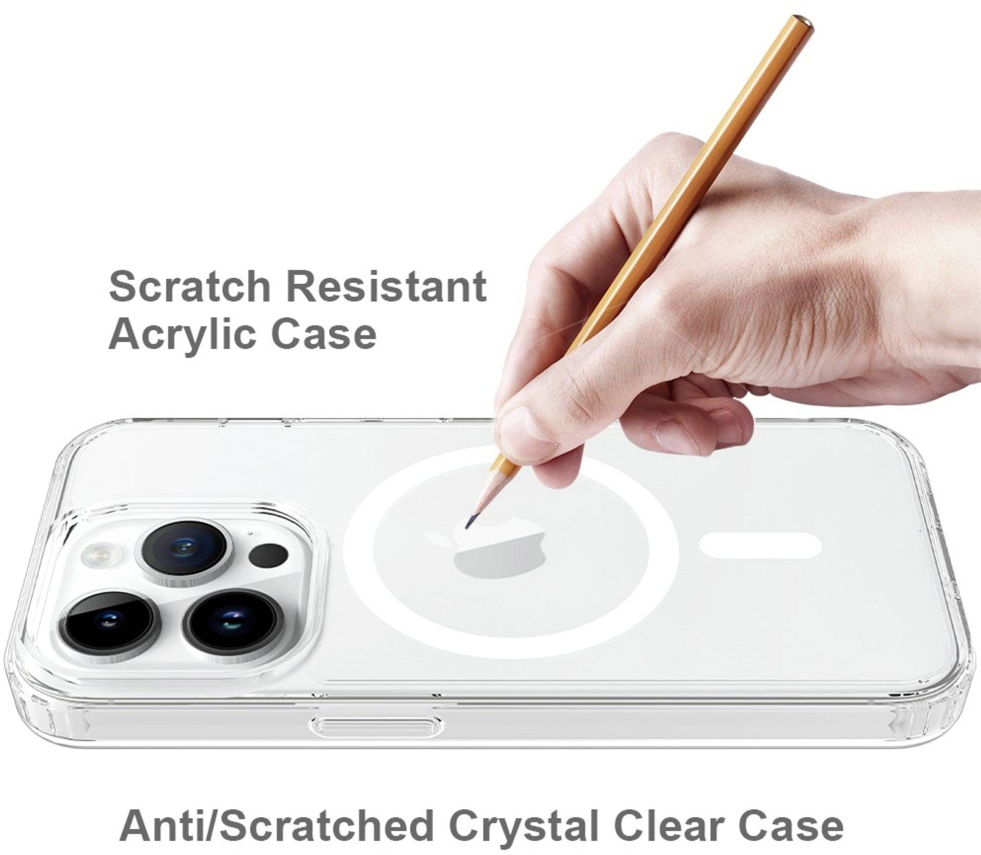 Transparente Handyhülle wird mit einem Bleistift zerkratzt, aber bleibt unbeschädigt. Text: 'Scratch Resistant Acrylic Case', 'Anti/Scratched Crystal Clear Case'.
