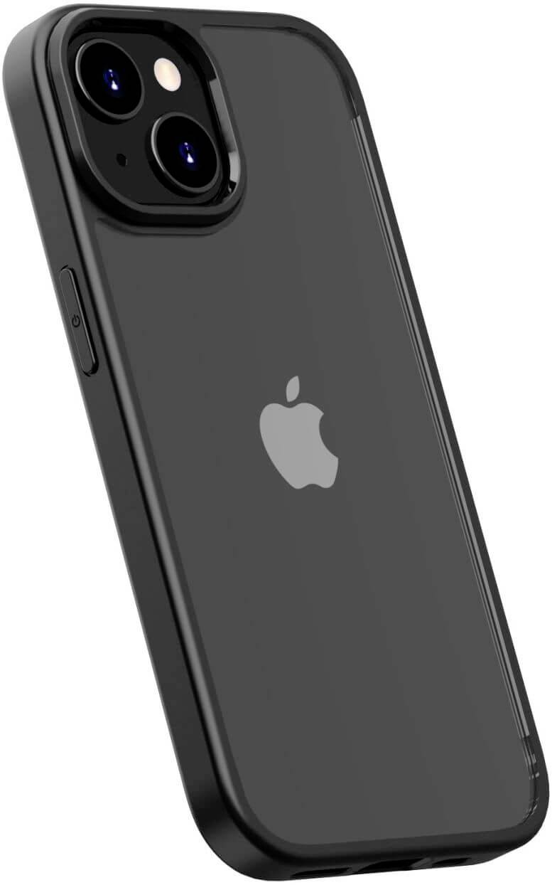 Eine schwarze Handyhülle mit Apples Logo, transparent auf der Rückseite. Die Hülle zeigt die Doppelkamera eines Smartphones.