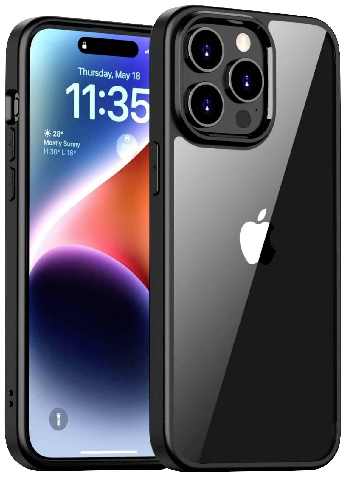 Ein schwarzes Smartphone mit Hülle zeigt einen Sperrbildschirm mit Uhrzeit und Wetter und ein Apple-Logo auf der Rückseite.