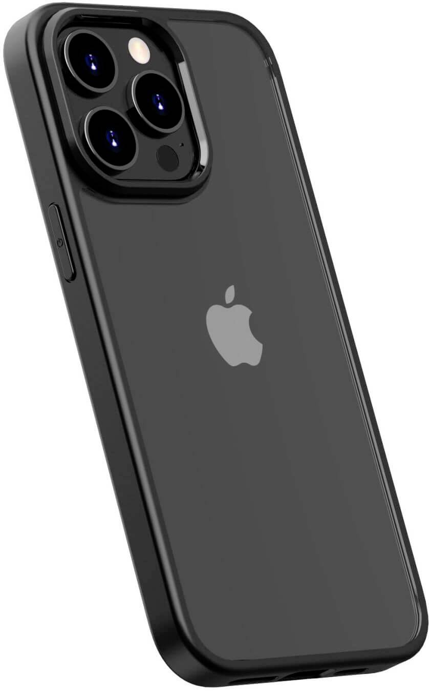 Schwarzes Smartphone mit drei Kameralinsen und Blitz auf der Rückseite, Apple-Logo in der Mitte.