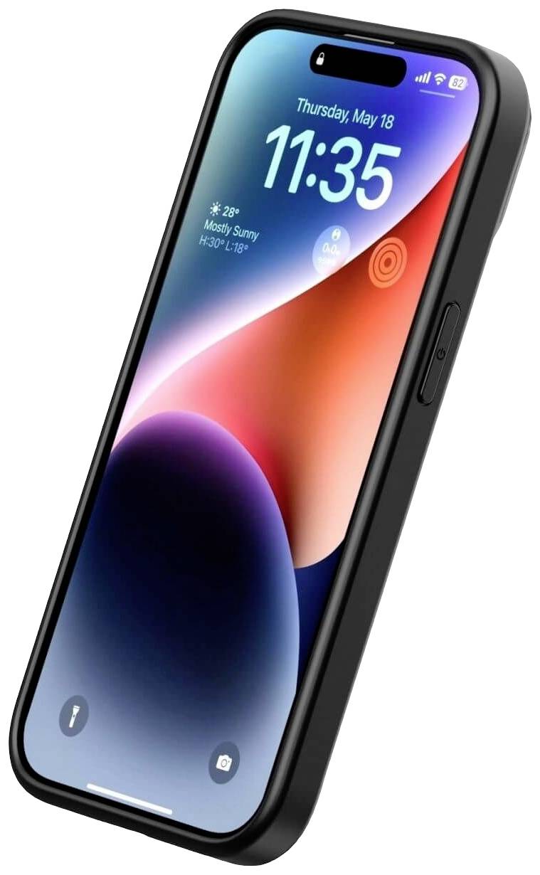 Ein Smartphone mit angezeigter Uhrzeit '11:35', Datum 'Donnerstag, 18. Mai' und Wetter '28°, meist sonnig'.