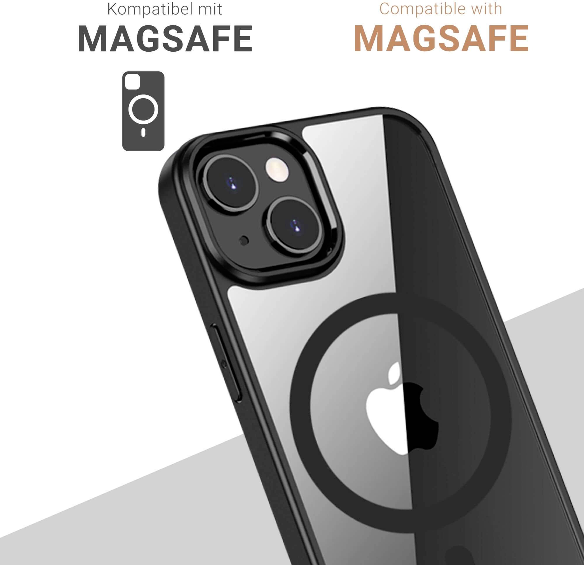 Schwarzes Smartphone mit einem transparenten Magsafe-kompatiblen Gehäuse. Text 'Kompatibel mit Magsafe' oben links.