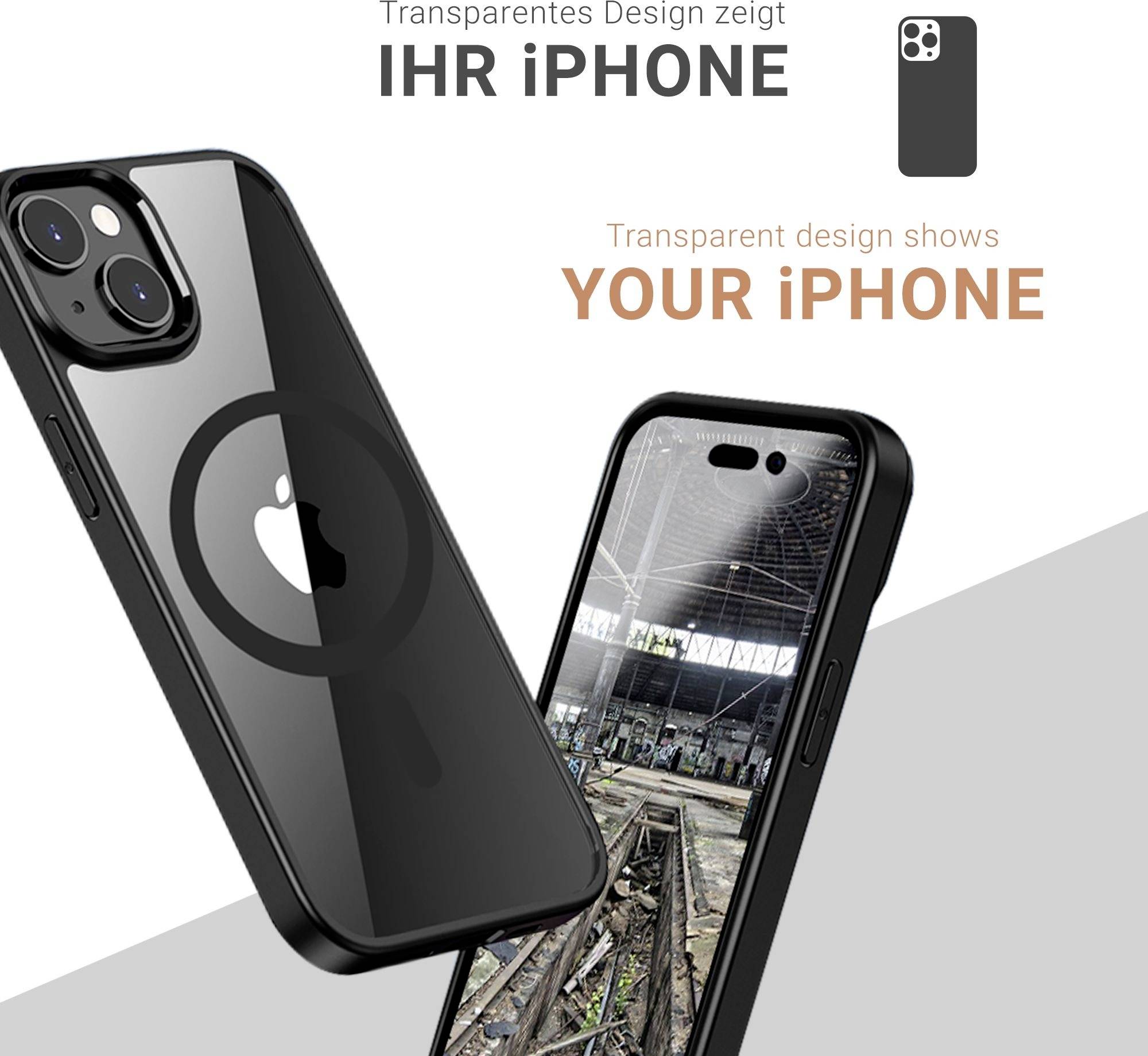 Schwarzes iPhone mit transparenter Hülle, Rückseite zeigt Apple-Logo, Vorderseite einen Bahnhof. Text 'Ihr iPhone'.