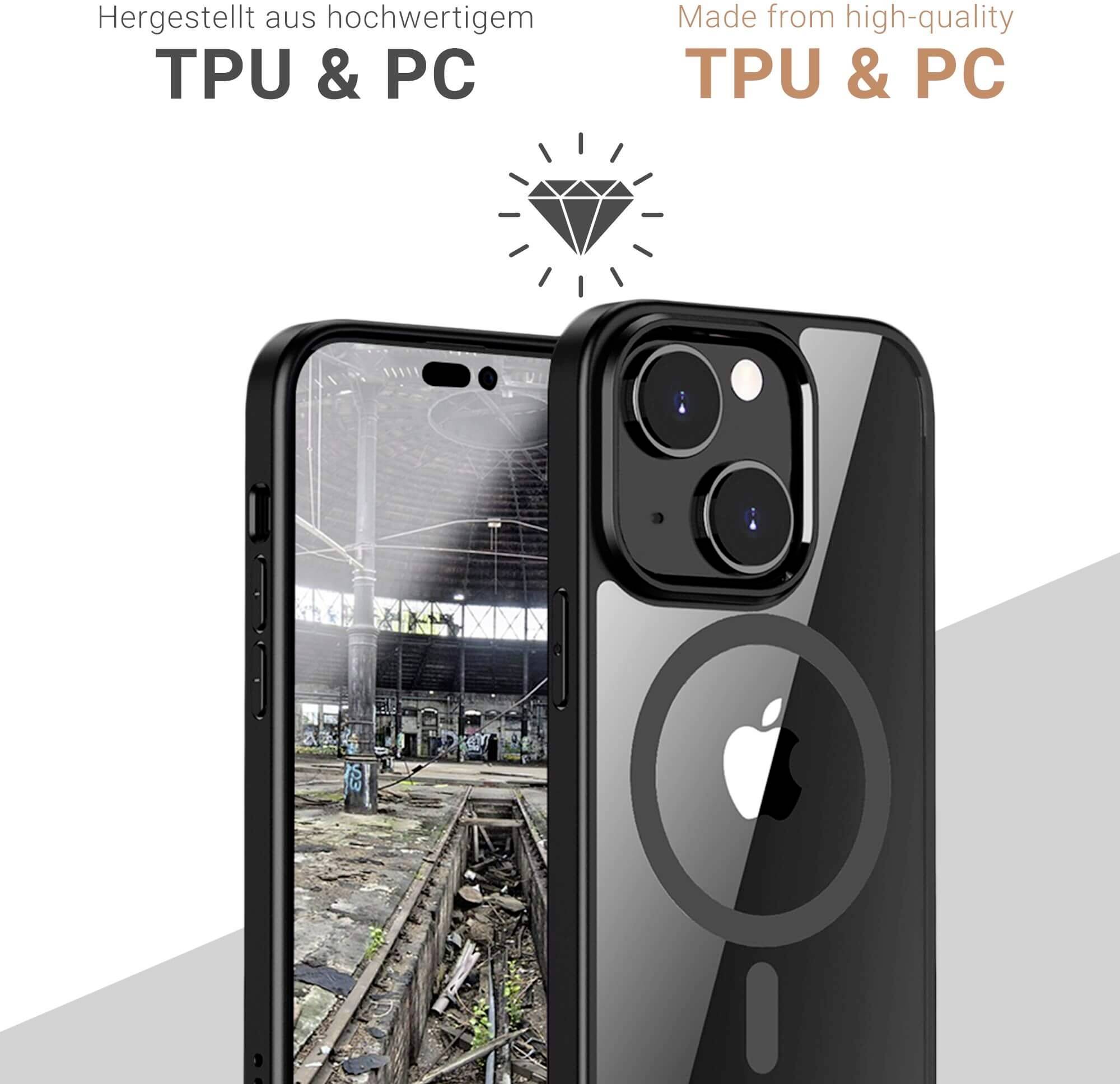 Hochwertige Handyhülle aus TPU und PC, zeigt robustes Design in industriellem Umfeld. Symbol eines Diamanten vermittelt Eleganz.