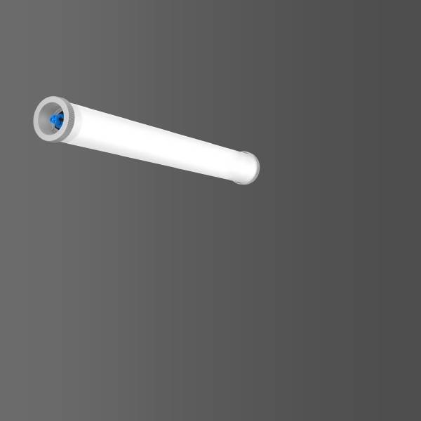 Ein weißes Rohr vor einem grauen Hintergrund, mit einem blauen Element am Ende.