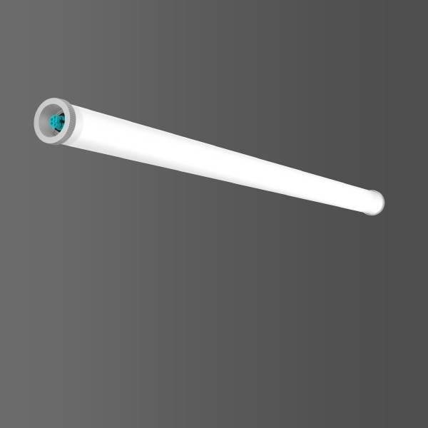 Weiße LED-Röhre mit silbernen Endkappen, leuchtet hell auf grauem Hintergrund. Geeignet für moderne Beleuchtungslösungen.