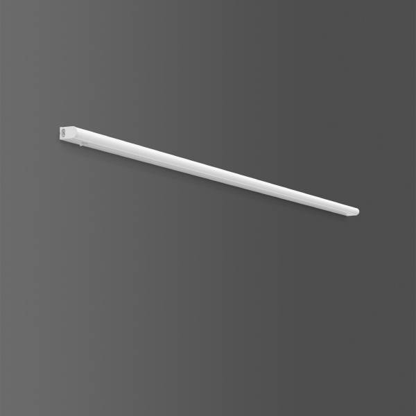 Eine lange, weiße LED-Leuchte auf einem dunkelgrauen Hintergrund.