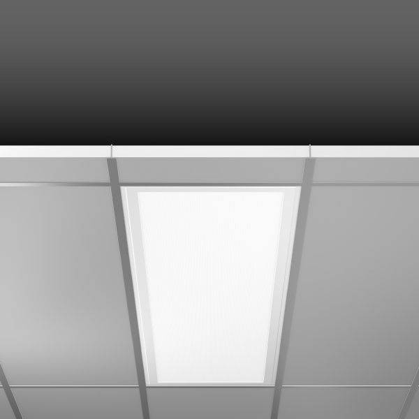 Beleuchtetes quadratisches Deckenpaneel in einer Rasterdecke, zeigt moderne Raumausstattung.