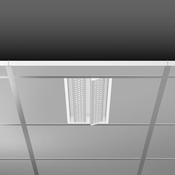 Deckenleuchte in einer Rasterdecke installiert, LED-Lichtquelle sichtbar. Geeignetes Design für moderne Büroräume.