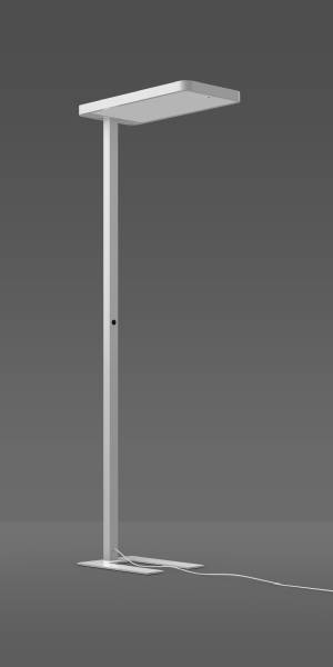 Stehlampe vor grauem Hintergrund; schlichtes, modernes Design mit rechteckigem Lampenschirm und schlankem, vertikalem Ständer.