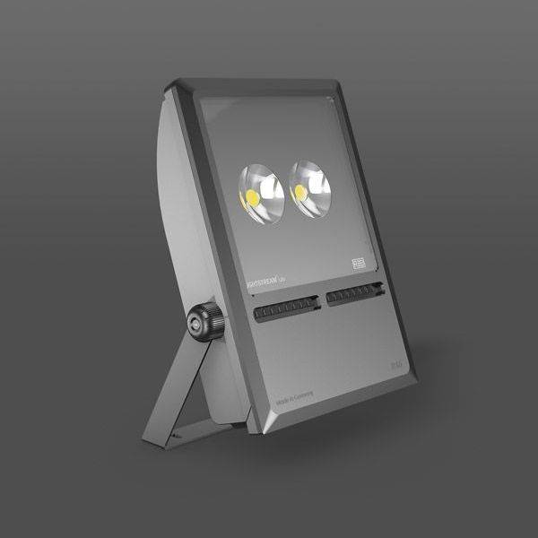 LED-Strahler mit zwei runden Linsen auf Ständer, grau und schwarz. Geeignet für Außenbeleuchtung.