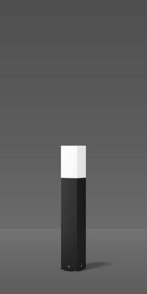 Eine minimalistische schwarze Lampe mit weißem Lichtkasten steht auf grauem Hintergrund. Sie hat eine quadratische Form.