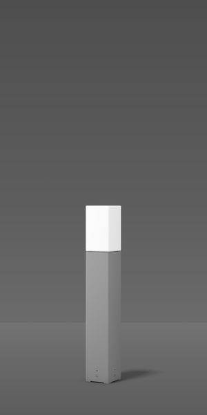 Eine moderne, schlichte Lampe mit einem rechteckigen, grauen Sockel und einem leuchtenden, weißen Lampenschirm vor grauem Hintergrund.