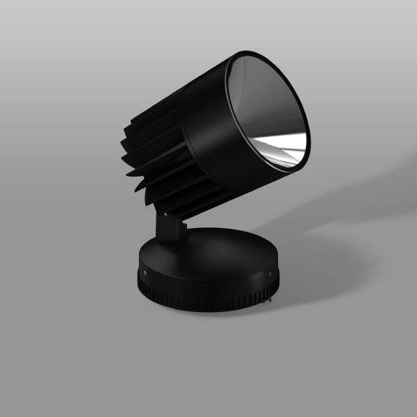 Ein schwarzer, verstellbarer LED-Strahler mit modernem Design auf einem grauen Hintergrund. Der Strahler ist nach oben gerichtet.