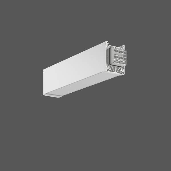 Ein rechteckiges, weißes Wandpanel mit metallischen Anschlüssen an einem Ende, vor grauem Hintergrund schwebend dargestellt.