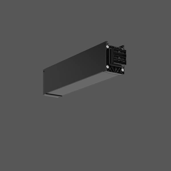 Ein längliches, schwarzes elektrisches Bauteil mit Anschlüssen an einem Ende, dargestellt vor grauem Hintergrund.