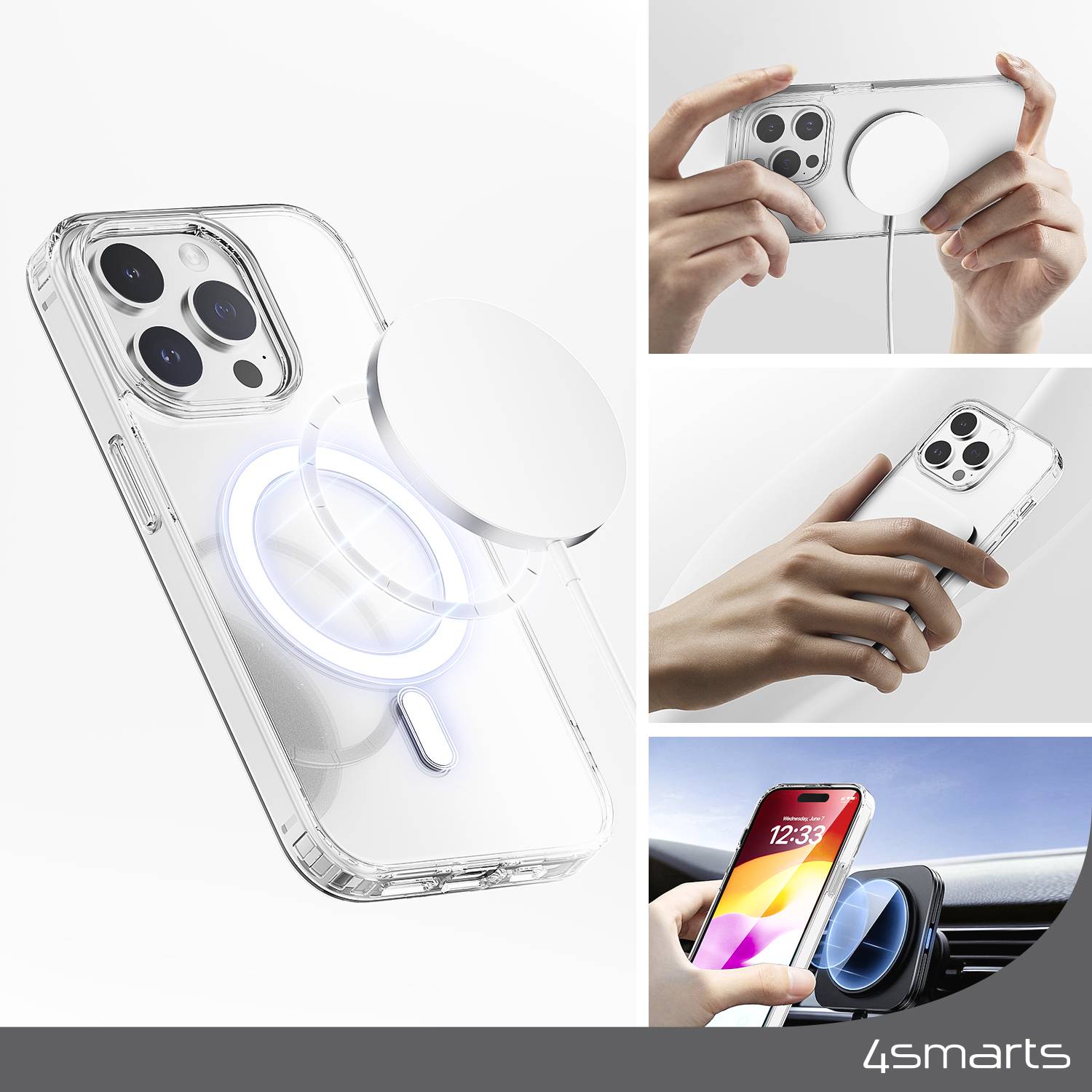 Transparente Handyhülle mit magnetischer Ladefunktion; Person hält iPhone mit Ladepad; Handy wird im Auto magnetisch befestigt.