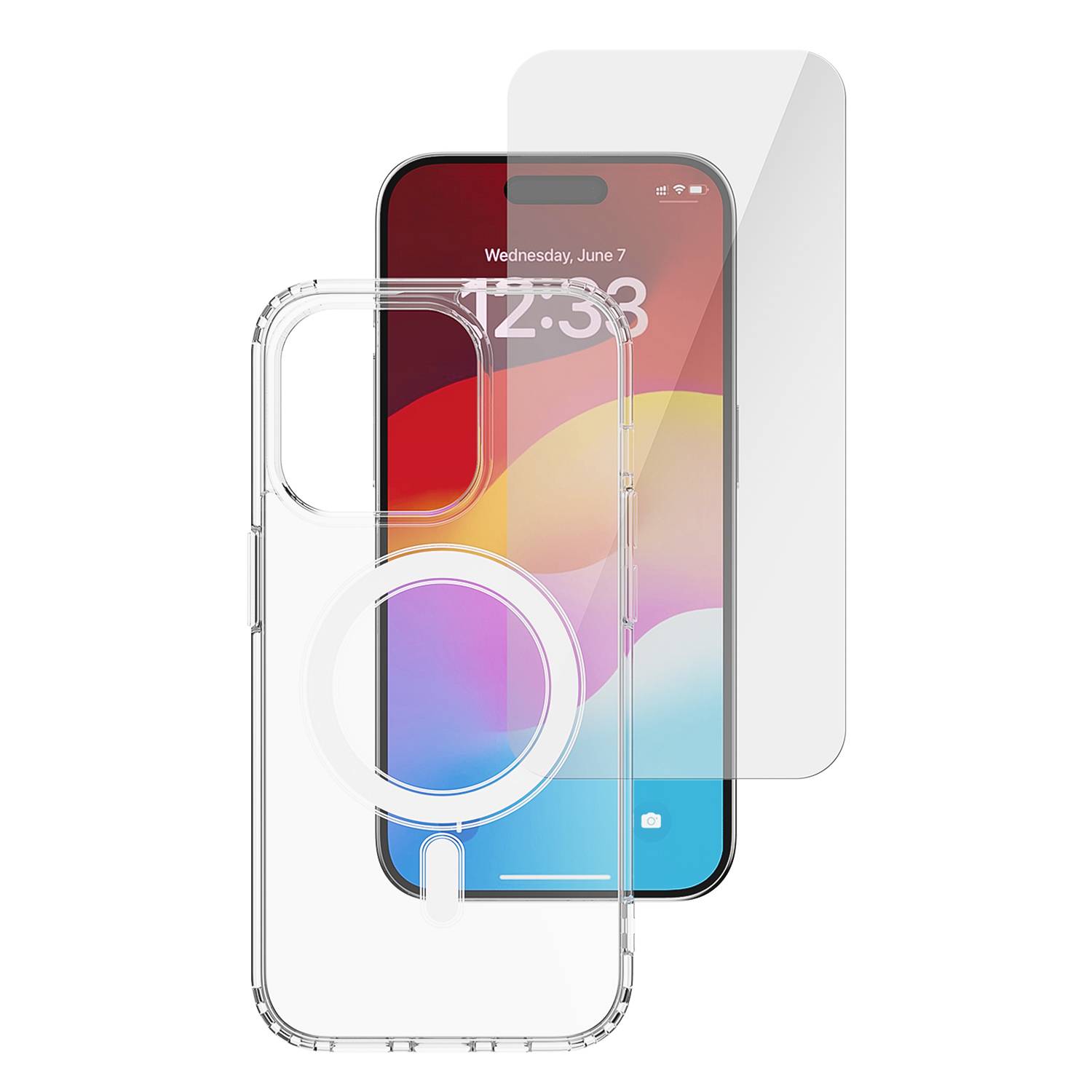 Transparente Handyhülle und Displayschutz für ein Smartphone, das den Bildschirm mit buntem Hintergrund und Uhrzeit '12:38' anzeigt.