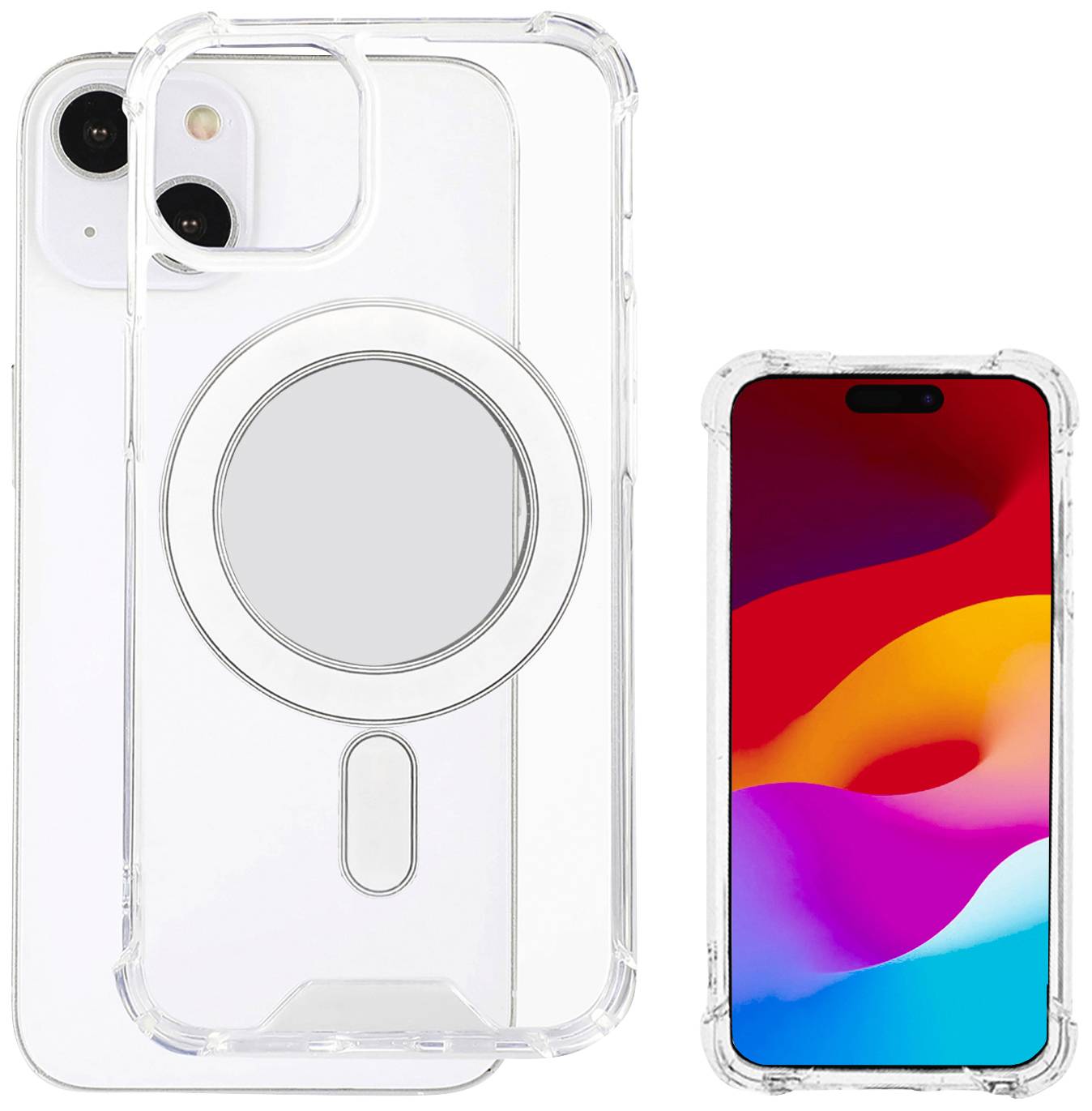 Ein transparentes Handyhülle-Set für ein Smartphone, zeigt die Vorder- und Rückseite des Telefons.