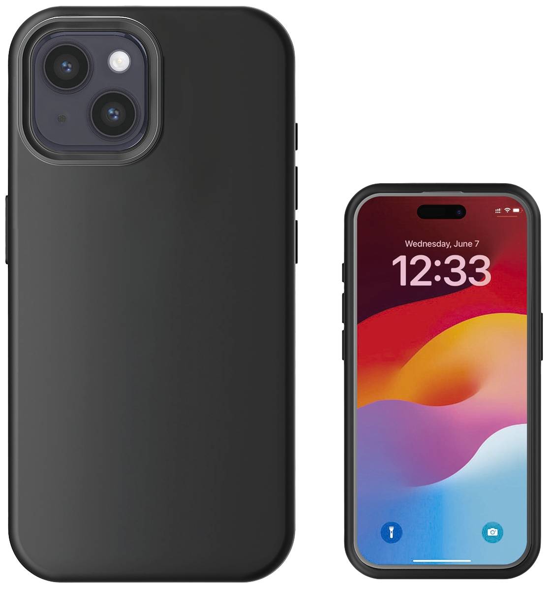 Smartphone mit schwarzer Hülle; Bildschirm zeigt bunte Wellenmuster und Datum 'Mittwoch, 7. Juni' um 12:33 Uhr.