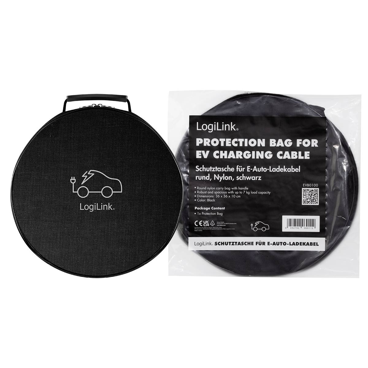Schwarze Schutztasche für E-Auto-Ladekabel aus Nylon, rund, mit LogiLink-Logo. Verpackung mit Produktinformationen auf Deutsch.