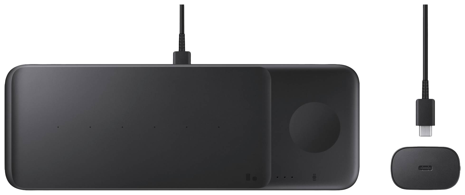 Kabelloses Ladegerät in Schwarz mit sechs Lämpchen und einem USB-C-Anschluss, geeignet für mehrere Geräte gleichzeitig.