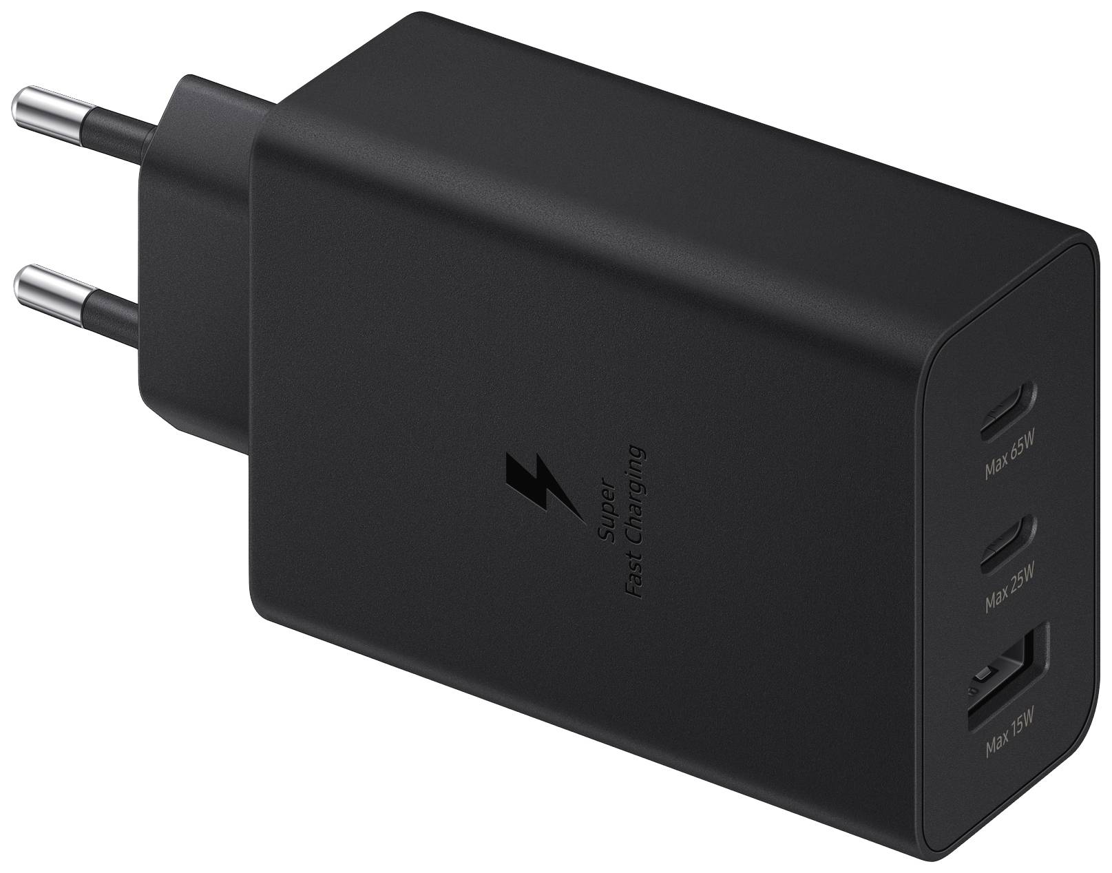 Schwarzes dreifach-USB-Ladegerät mit Eurostecker; Beschriftung: 'Super fast charging'.