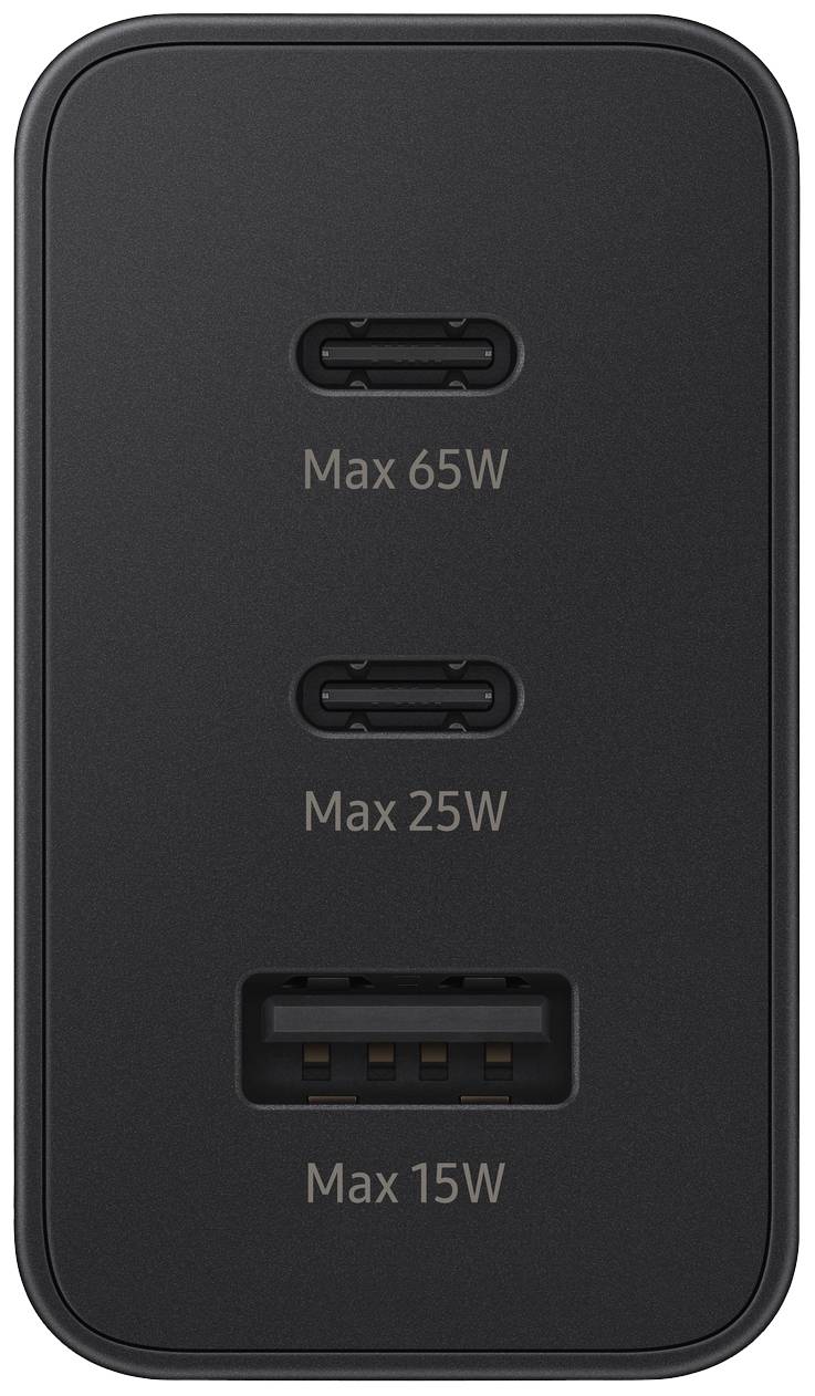 Schwarzes Ladegerät mit drei Anschlüssen: zwei USB-C (max. 65W und 25W) und ein USB-A (max. 15W).